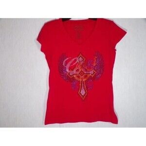 COOGI T-Shirt Top Women's Size L Large Red Rhinestone Cross & Wings Short Sleeve
